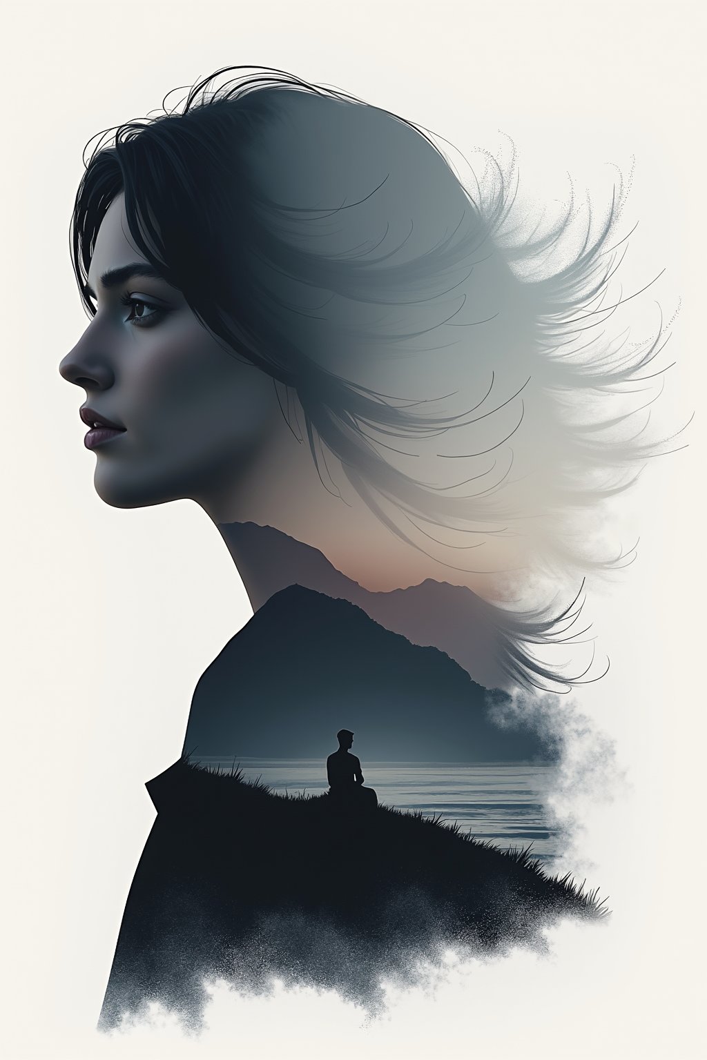 A detailed double-exposure style artwork of a melancholic woman with flowing dark hair, her gaze distant and intense. Her portrait is seamlessly blended with a secondary scene of a solitary figure sitting on a hill, gazing out at a calm ocean with mountains in the distance. The image has a smooth, monochromatic tone with soft gradients, evoking a sense of nostalgia and reflection. The overlay effect creates a dreamlike composition, with the silhouette of the seated figure dissolving into a cloud of mist or abstract particles merging into the woman's hair. Soft lighting, ethereal, surreal atmosphere, minimalistic yet expressive.