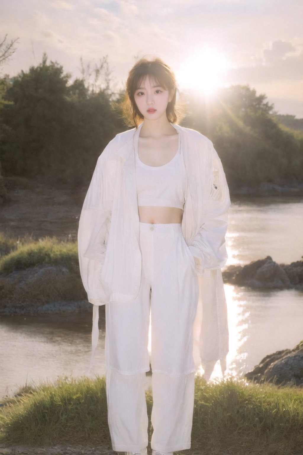 Korean k-pop beauty, 90s Y2K white baggy pants, white windbreaker jacket, white cropped top with design, Japanese classic art Panasonic retro HEADSET, hands in her pockets, mid length layered cut with straight bangs brown hair, stylish makeup, fashion hairstyle, short hairstyles, glows in the golden light of the setting sun, sunset, dreamgirl,1girl,solo, resort, sea side