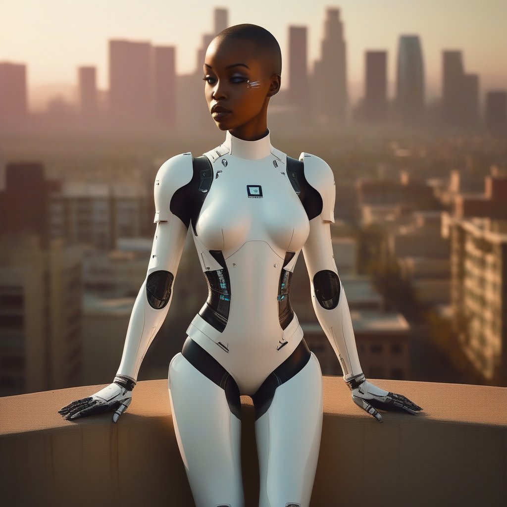 Extremely realistic high quality photography of 1girl wearing a futuristic mecha suit standing on a rooftop leaning against railing looking down onto a dystopian Los Angeles with red dust clouds 
, (40 yo, athletic, bald, african, muscles, green eyes, small breast, wide hips, big ass, thick thighs, tattooed body)
