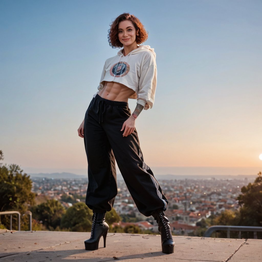 cute girl, round face, big nose, curly hair, short hair, bright red hair, big green eyes, wide hips, big butt, flat chest, muscular legs, strong thighs, freckles, tattooed arms,

wearing baggy pants, baggy hoodie, high-heeled boots, powerful pose, standing on hill looking over wastelands below, smiling, windy, dramatic sky, rating_safe,

score_9, score_8_up, score_7_up, score_6_up, score_5_up, raw photo, professional photography, ((medium shot photo)),  movie still, cinematic lighting, extreme photorealism, highly detailed, intricate detail, Low-key lighting Style