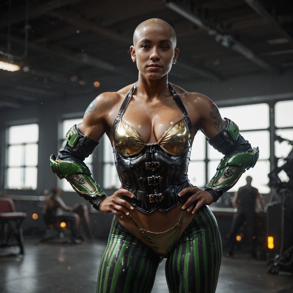 (science_fiction, sci_fi, cybertech:1.1), (direct lighting:1), (sharp focus, atmospheric particles, flares, bokeh:1.1), (cleavage:1.2), (wasp armor:1.3), (white and green horizontal stripes:1.3), (striped tights, corset:1.2), powerful pose, (bikini, sexy latex suit:1.2), (NSFW, porn:1.1), dynamic pose, hands on hips
, (40 yo, athletic, bald, african, muscles, green eyes, big nose, small breast, wide hips, big ass, thick thigh gap, muscular thighs, muscular arms, tattooed body)
, score_9, score_8_up, score_7_up, source_real, raw photo, cinematic photo, photograph, specular lighting, film grain, bokeh, professional, 4k, highly detailed, ExpressiveH