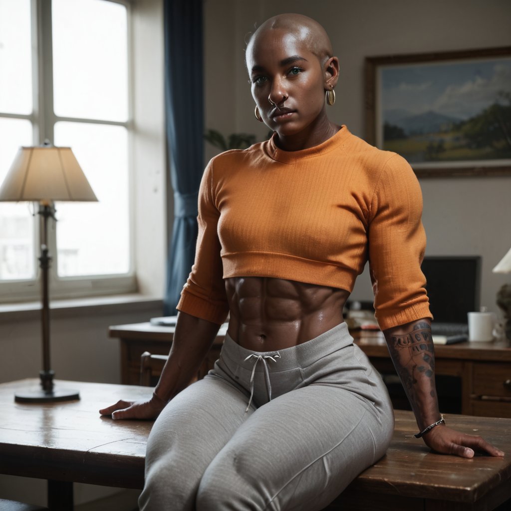 She is wearing sweatpants and an orange sweater and is sitting at a table. The background shows a cozy room with a window and a lamp
, (40 yo, athletic, bald, african, muscles, green eyes, big nose, small breast, wide hips, big ass, thick thigh gap, muscular thighs, muscular arms, tattooed body:1.2)
, score_9, score_8_up, score_7_up, source_real, raw photo, cinematic photo, photograph, specular lighting, film grain, bokeh, professional, 4k, highly detailed, ExpressiveH