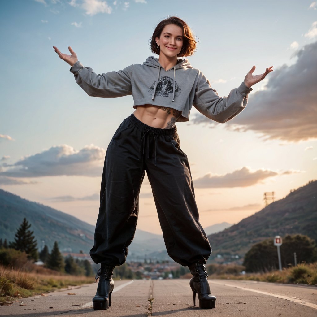 cute girl, round face, big nose, short red hair, big green eyes, wide hips, big butt, flat chest, muscular legs, strong thighs, freckles, tattooed arms,

wearing baggy pants, baggy hoodie, high-heeled boots, powerful pose, standing on hill looking over wastelands below, smiling, windy, dramatic sky, rating_safe,

score_9, score_8_up, score_7_up, score_6_up, score_5_up, raw photo, professional photography, ((medium shot photo)),  movie still, cinematic lighting, extreme photorealism, highly detailed, intricate detail, Low-key lighting Style