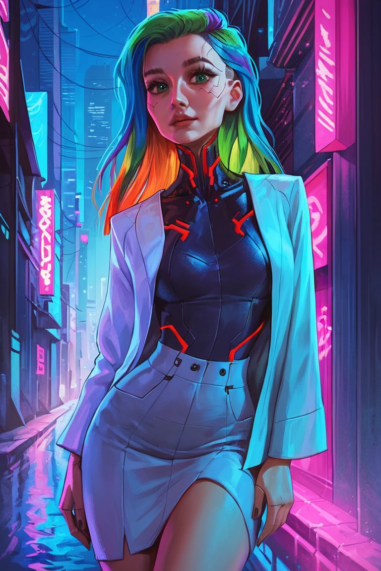 score_9, score_8_up, score_7_up, cyberpunk,  35 yo woman, looking at viewer, long straight rainbow hair, green_eyes, business clothes, night city background, (detailed, detailed face)