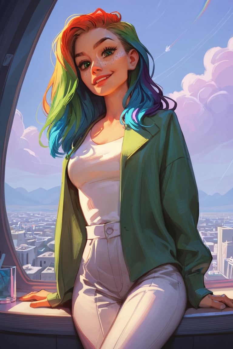 score_9, score_8_up, score_7_up,  gorgeous woman, looking at viewer, long rainbow hair, green_eyes, light smirk, businesswoman, night city background, (detailed, detailed face)