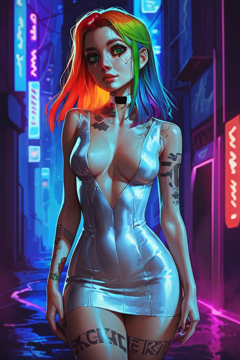 score_9, score_8_up, score_7_up, cyberpunk, pretty woman, looking at viewer, mischivious, long rainbow hair, tattoos, green_eyes, light makeup, intricate clothes, perky breasts, wide hips, night city background, (detailed, detailed face)