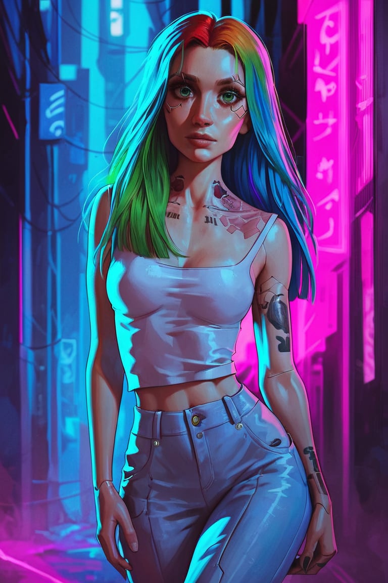 score_9, score_8_up, score_7_up, cyberpunk, pretty woman, looking at viewer, mischivious, long rainbow hair, tattoos, green_eyes, light makeup, casual clothes, perky breasts, wide hips, night city background, (detailed, detailed face)