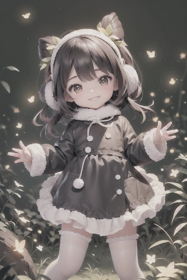  a big eyes beautiful little girl,  wearing warm clothes,  smiling happily,  so cute and sweet,  HD 8k,,Christmas,black-hair,Christmas,stuffed bunny,short-hair,firefliesfireflies