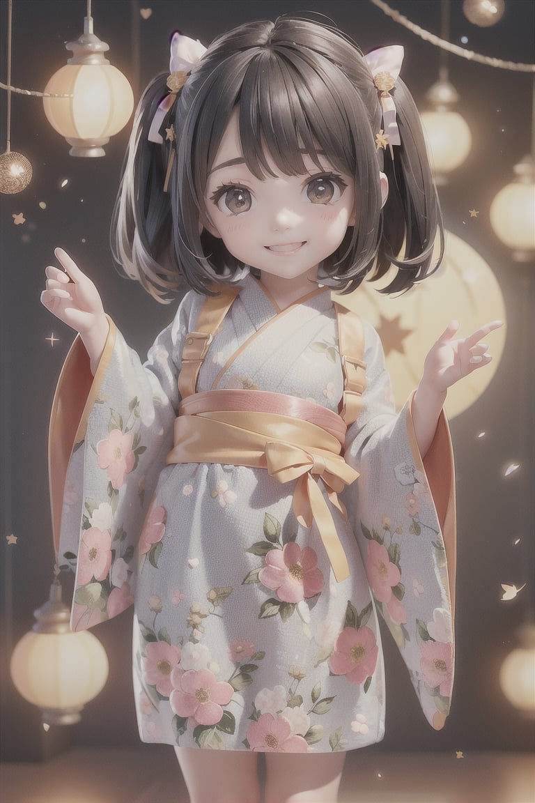  a big eyes beautiful little girl,  wearing warm clothes,  smiling happily,  so cute and sweet,  HD 8k,,black-hair,stuffed bunny,short-hair,firefliesfireflies,yukata,