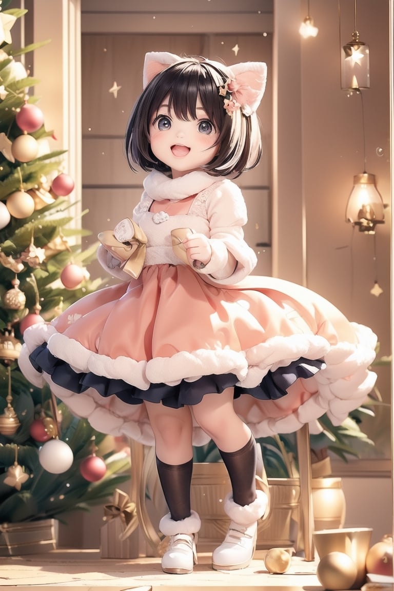  a big eyes beautiful little girl,  wearing warm clothes,  smiling happily,  so cute and sweet,  HD 8k,,Christmas,black-hair,Christmas,stuffed bunny,alice (alice in wonderland) (cosplay),short-hair,cat