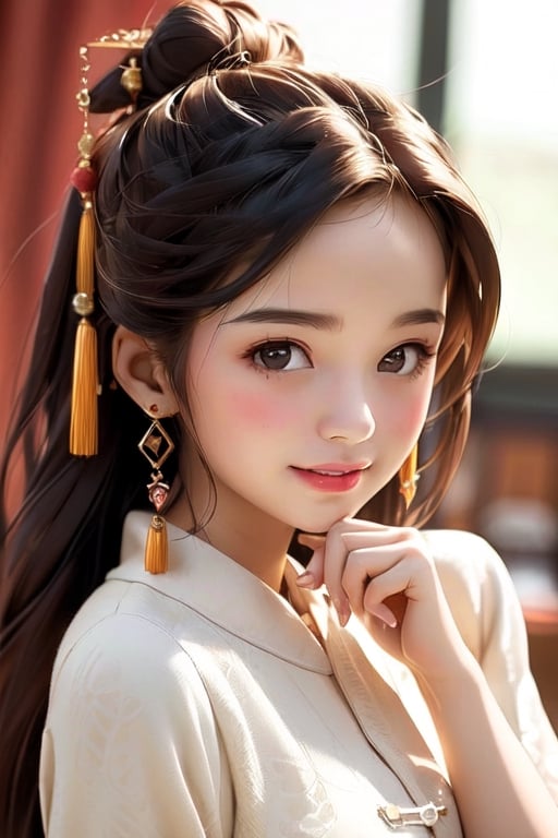 ((10-year-old girl), Complete anatomy, Loli, Beautiful girl with attention to detail, Detailed face, Beautiful shining body,bun hair
  Beautiful detailed eyes, ((tall eyes, big eyes)), brown eyes, black hair ,Medium hair, 1 Girl, ,Random Angle, (Bright Lighting: 1.2), Happiness, Natural Light, Real hand,Chinese style,full_body,whole body ,sideways, ,Realism,
beautiful dress_shirt