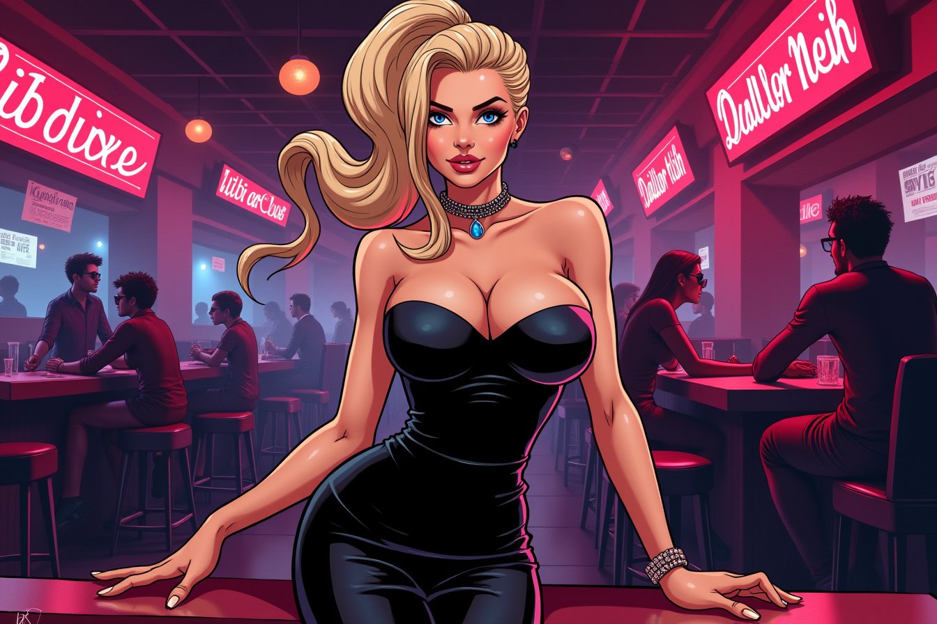 beautiful busty woman, blonde hair, ponytail, big lips, blue eyes, black night club dress, high heels, night club background, sinozick style, bold lines, high quality, masterpiece, dc comics style