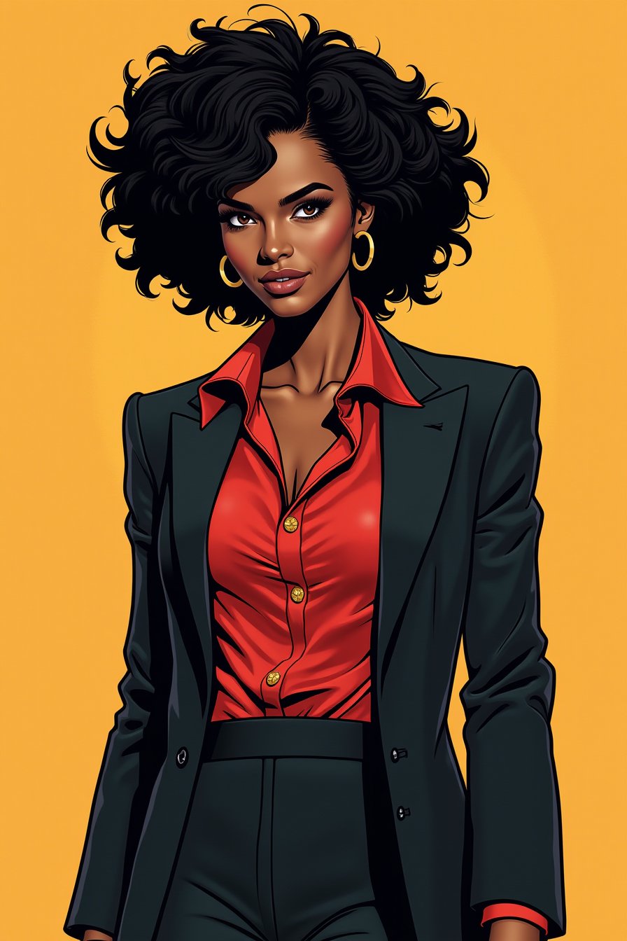 beautiful latina woman, black hair, curly hair, short hair, brown eyes, brown skin, dark suit with red shirt, standing, sinozick style, bold lines, high quality, masterpiece, dc comics style, pop art style