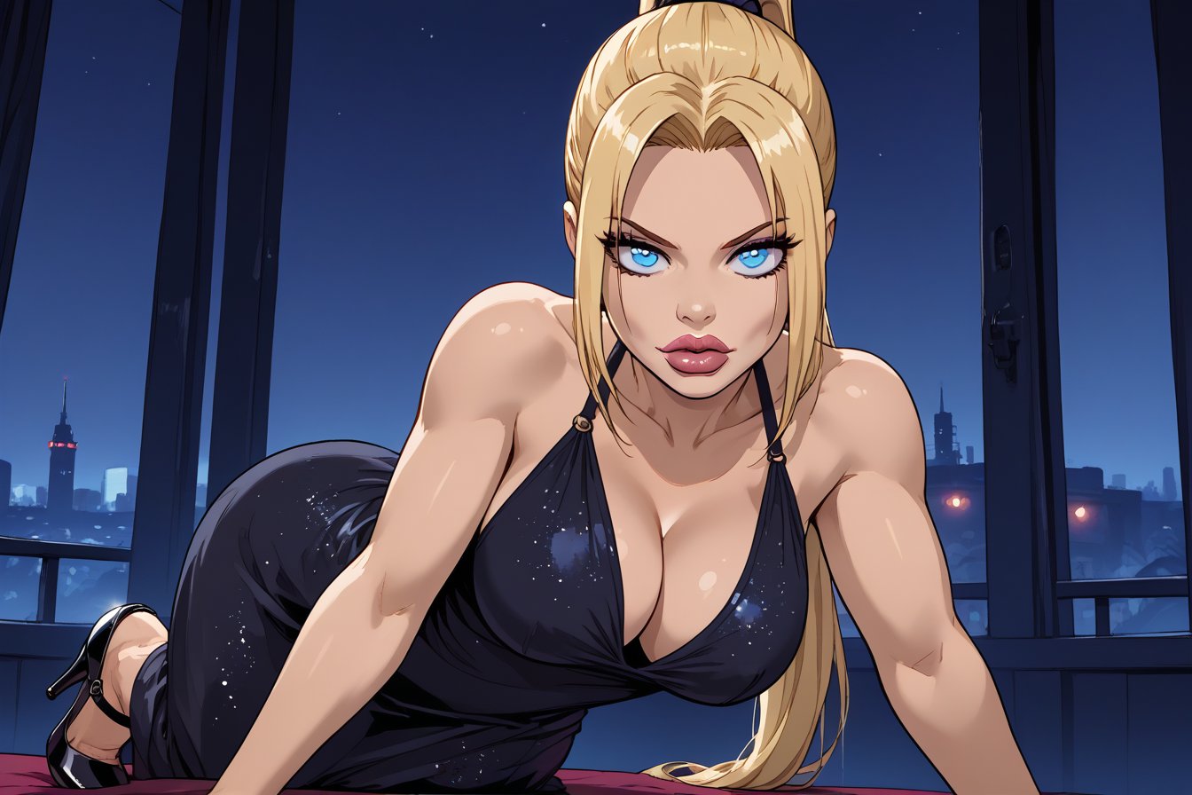 beautiful busty woman, blonde hair, ponytail, big lips, blue eyes, black night club dress, high heels, night club background, sinozick style, bold lines, high quality, masterpiece, dc comics style