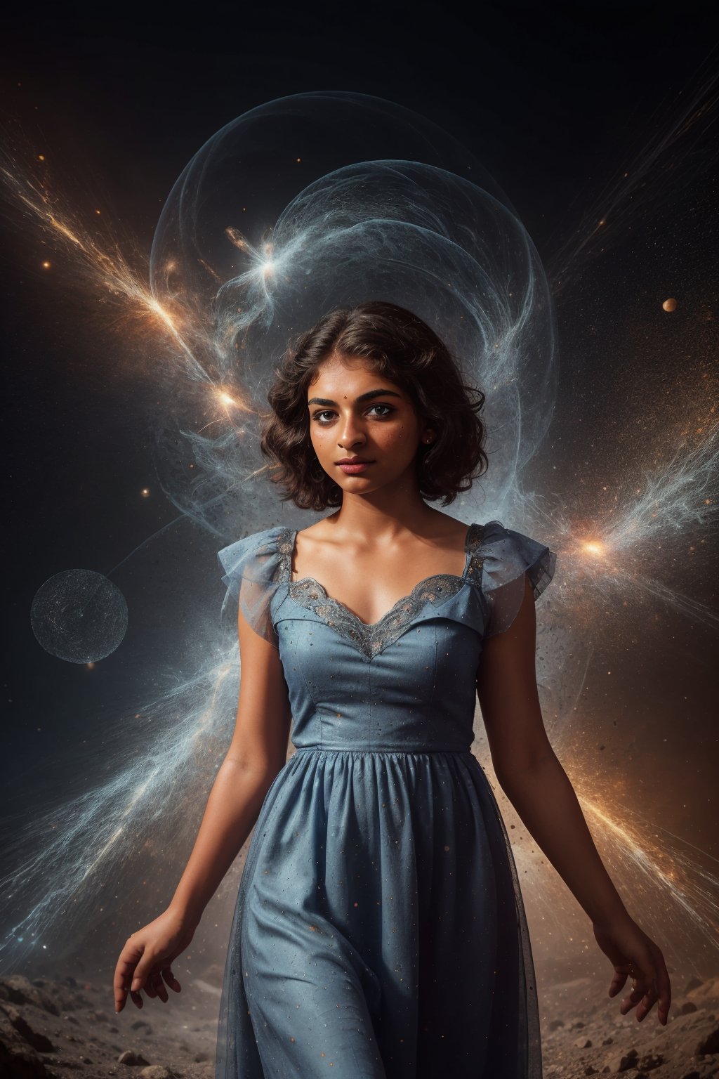 A girl standing inside a Magic realms, no in earth, other dark world, magic dress, gown, multtiunivere, infinity, infinity stones, (boy  hair cut ) picture perfect,   detailed body,  (realistic ambient light,  perfect body,  light freckle,  realistic details,  beautiful oblong face,  extremely high quality RAW photograph,  detailed background,  intricate,  exquisite details and textures,  highly detailed,  ultra detailed photograph,  warm lighting,  4k,  sharp focus,  high resolution,  detailed skin,  detailed light blue cat eyes,  8k uhd,  dslr,  high quality,  film grain,  Fujifilm XT3, full body portrait, looking_at_the_viewer, 
,perfect,Mallu girl ,explosionmagic 