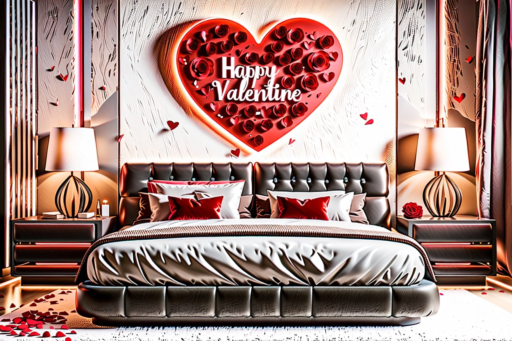 (masterpiece, best quality, highres:1.2), (photorealistic:1.4), (intricate and beautiful:1.2), (beautiful detailed eyes:1.2), (octane render), (detailed light:1.2), (soft lighting, side lighting, Lit white room, Red rose petals falling, Text"Happy Valentine",Text,Modern bedroom