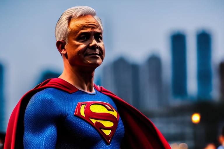 1man, Hyper-realistic potrait of man wearing a superman costume, white hair,cyberpunk style, modern city background, technology, thoughtful expression, shot by Nikon DSLR 8K,, intricate details of man, detailed eyes, intricate eyes, lora:g4njar_v1,g4njar, Ganjar Pranowo