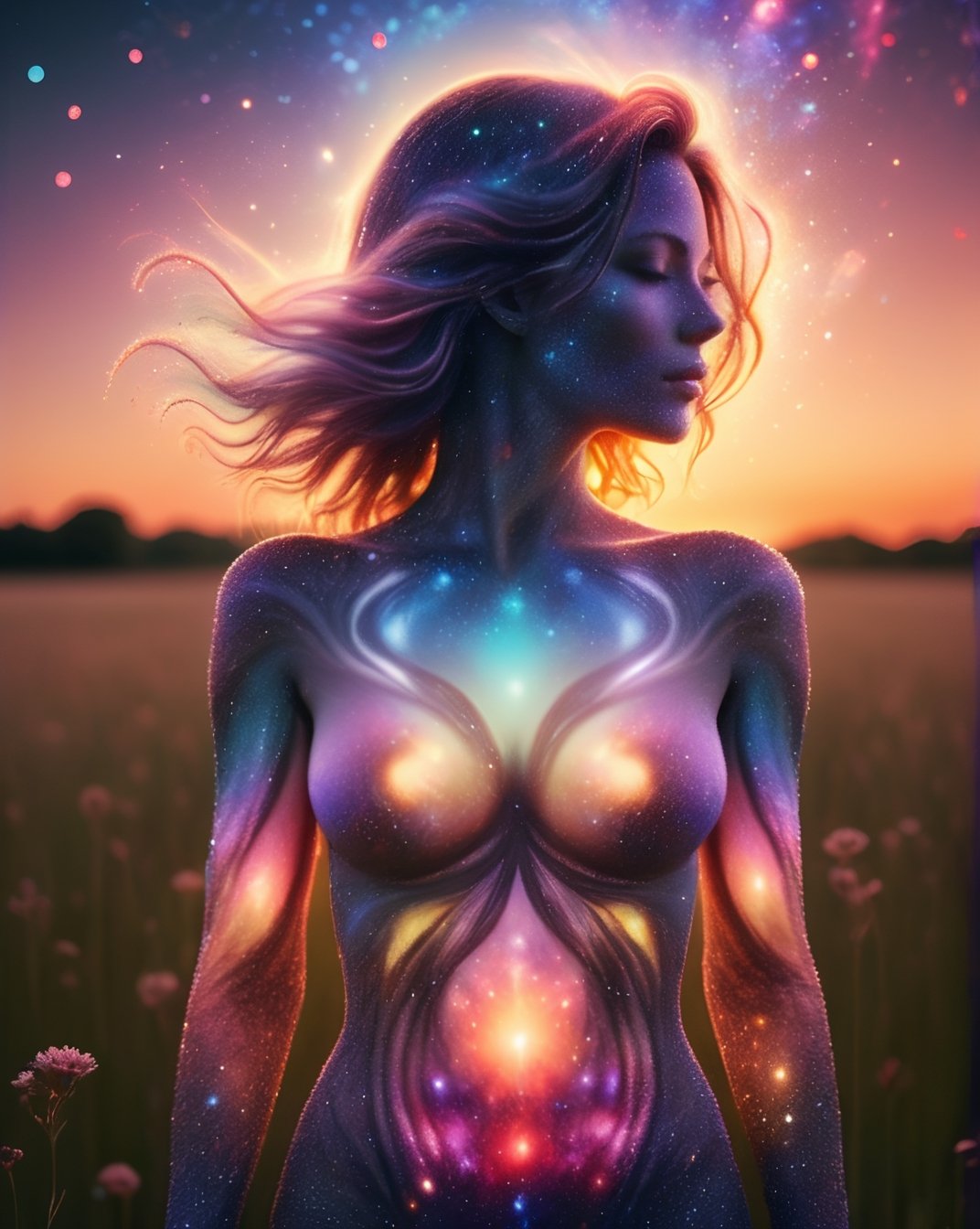 A close up fantastic image of a woman's outline containing the entire galaxy inside of her, as she stands in a field in summer at sunset, a soft aura surrounding her
