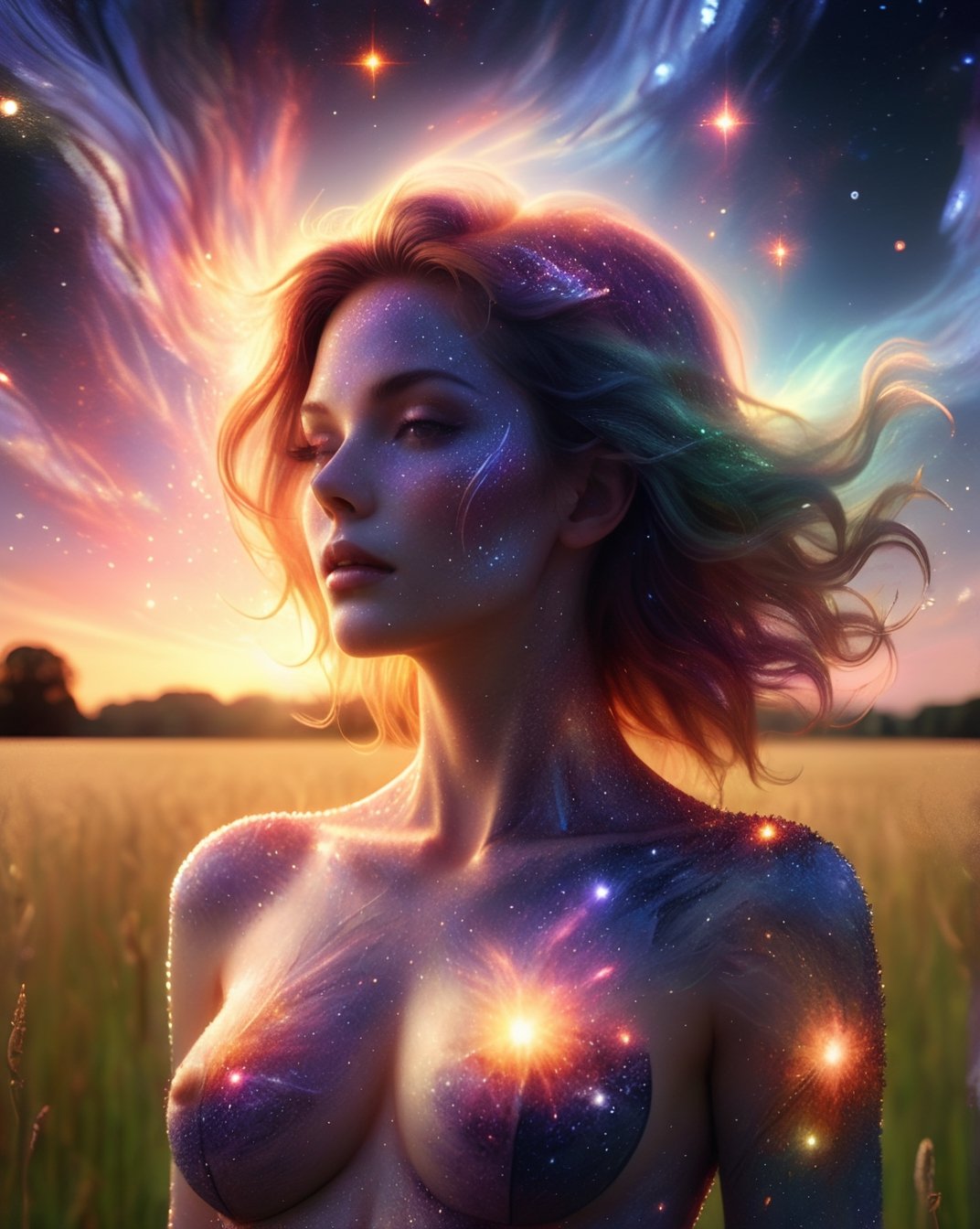 A close up fantastic image of a woman's outline containing the entire galaxy inside of her, as she stands in a field in summer at sunset, a soft aura surrounding her
