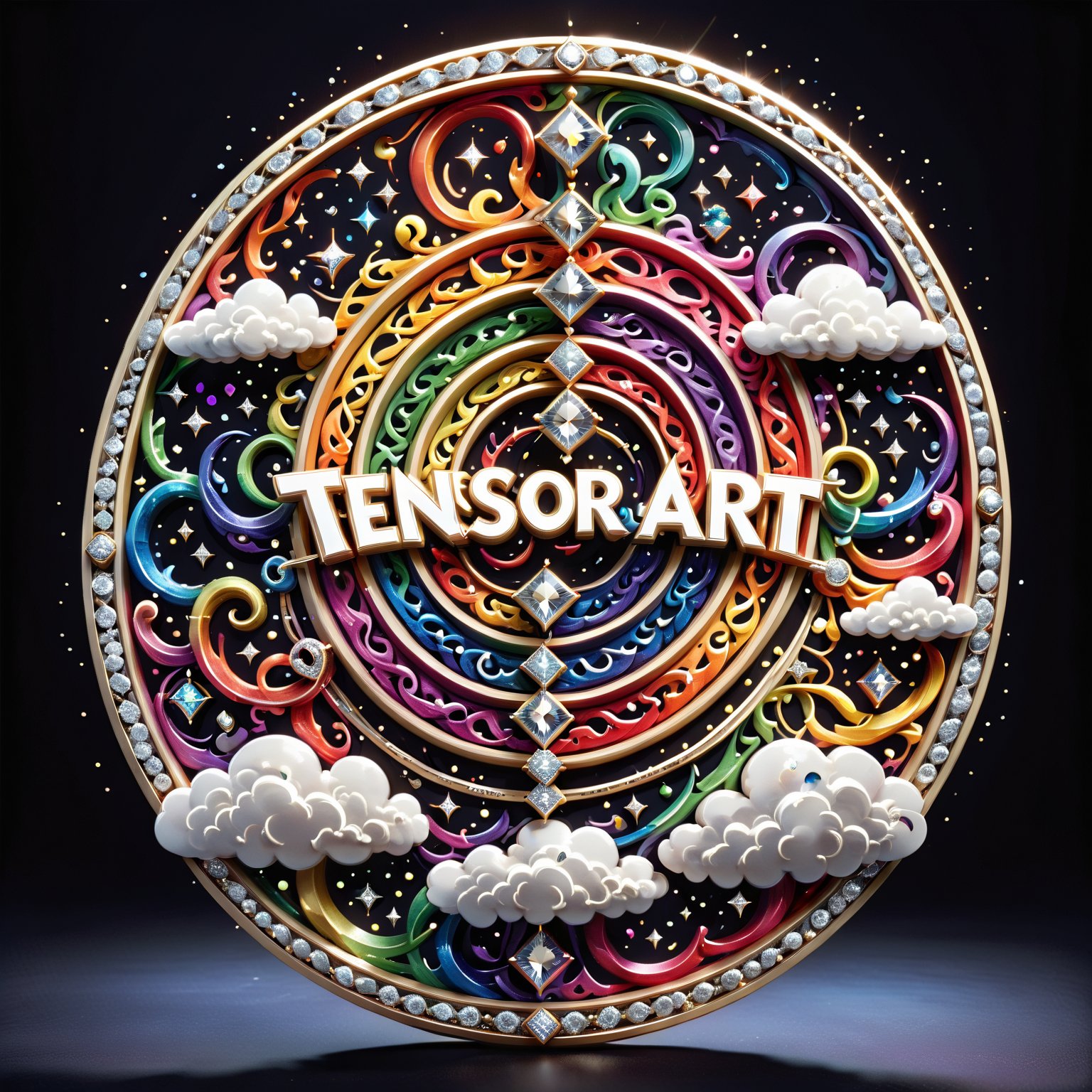 a ultra-detailed intricate round award,  diamond and platinum outlines (((text in cursive with only the letters "TENSOR AR...