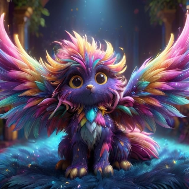 8k,3d,uhd(3D extremely detailed and realistic CG rendering),colorful fur,big bright illustrationed eyes,sparkling background,best illumination,extremely delicate and beautiful,playfulness and loyalty,fluffy,adorable companion,illuminating wings,wings on side of head, on all four legs,expressive eyes,unique personality,cute accessories,natural lighting