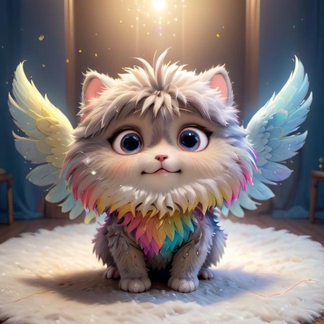 8k,3d,(3D extremely detailed and realistic CG rendering),colorful fur,big bright illustrationed eyes,sparkling background,best illumination,extremely delicate and beautiful,playfulness and loyalty,fluffy,adorable companion,illuminating wings, on all four legs,expressive eyes,unique personality,cute accessories,natural lighting