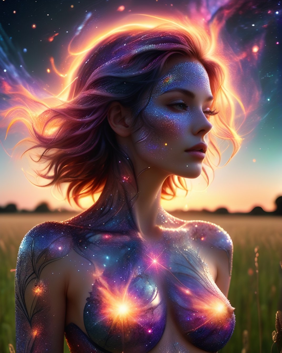 A close up fantastic image of a woman's outline containing the entire galaxy inside of her, as she stands in a field in summer at sunset, a soft aura surrounding her
