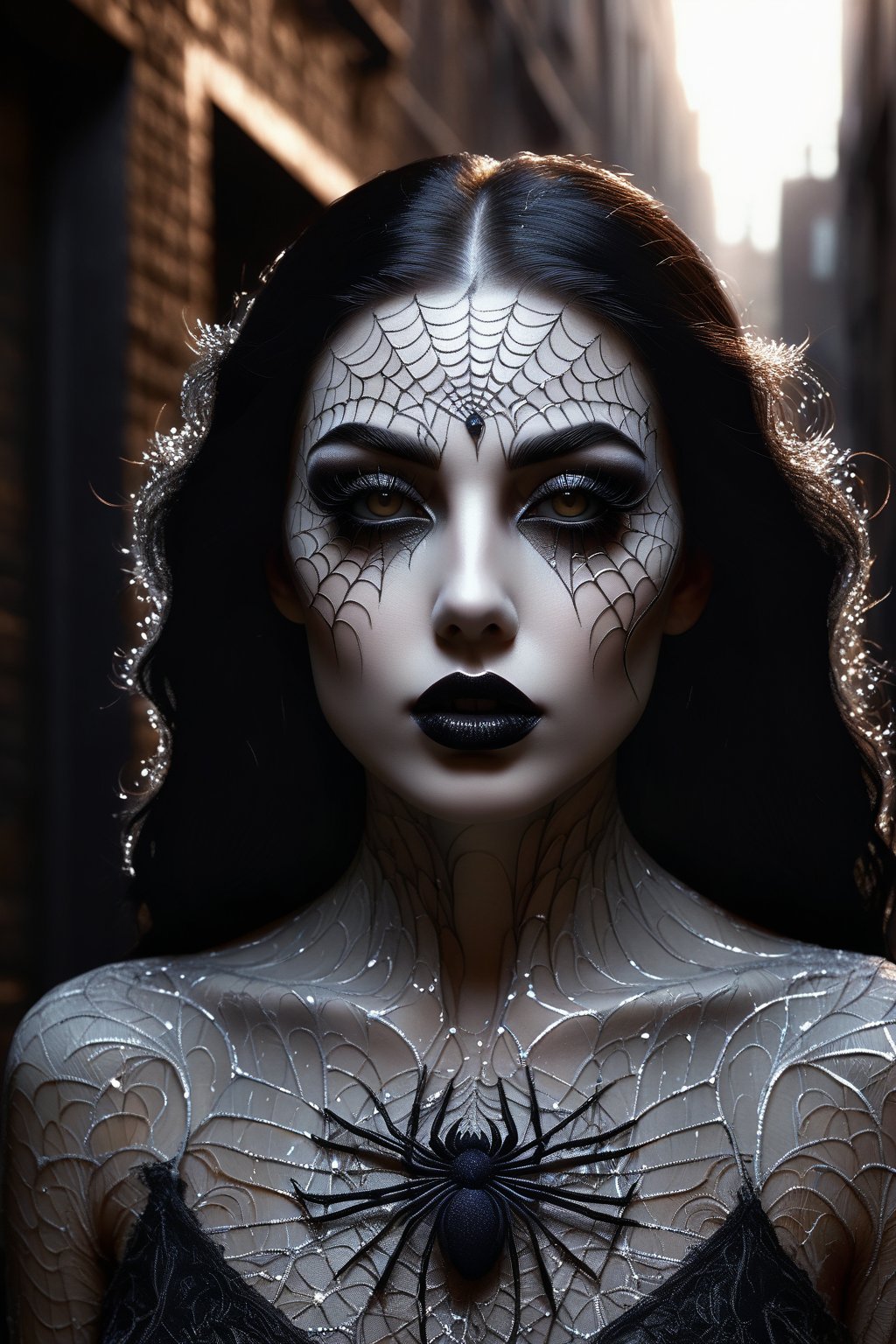 Pale scary woman with black hair, black eyes, black lips, cobweb pattern around her eyes, (((background is a dark alley))), masterpiece, photorealistic, detailed