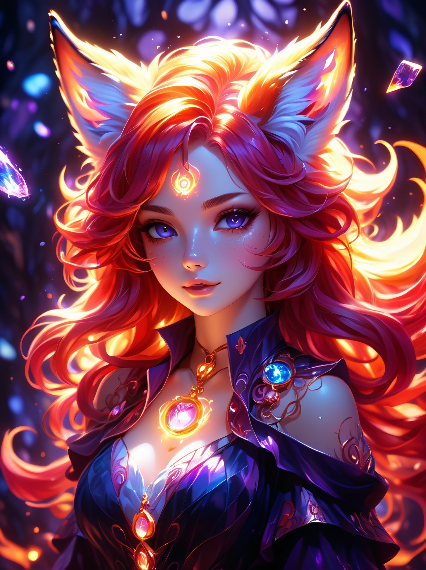 (cute flame foxy, flaming veins), purple, pink and blue tones, (masterpiece, best quality, ultra-detailed, best shadow), (detailed background,dark fantasy), (beautiful detailed face), high contrast, (best illumination, an extremely delicate and beautiful), ((cinematic light)), colorful, hyper detail, dramatic light, intricate details, (1girl, solo, red hair, sharp face, amber eyes, hair between eyes,dynamic angle), blood splatter, swirling black light around the character, depth of field, light particles,(broken glass),magic circle, (full body), Spirit Fox Pendant