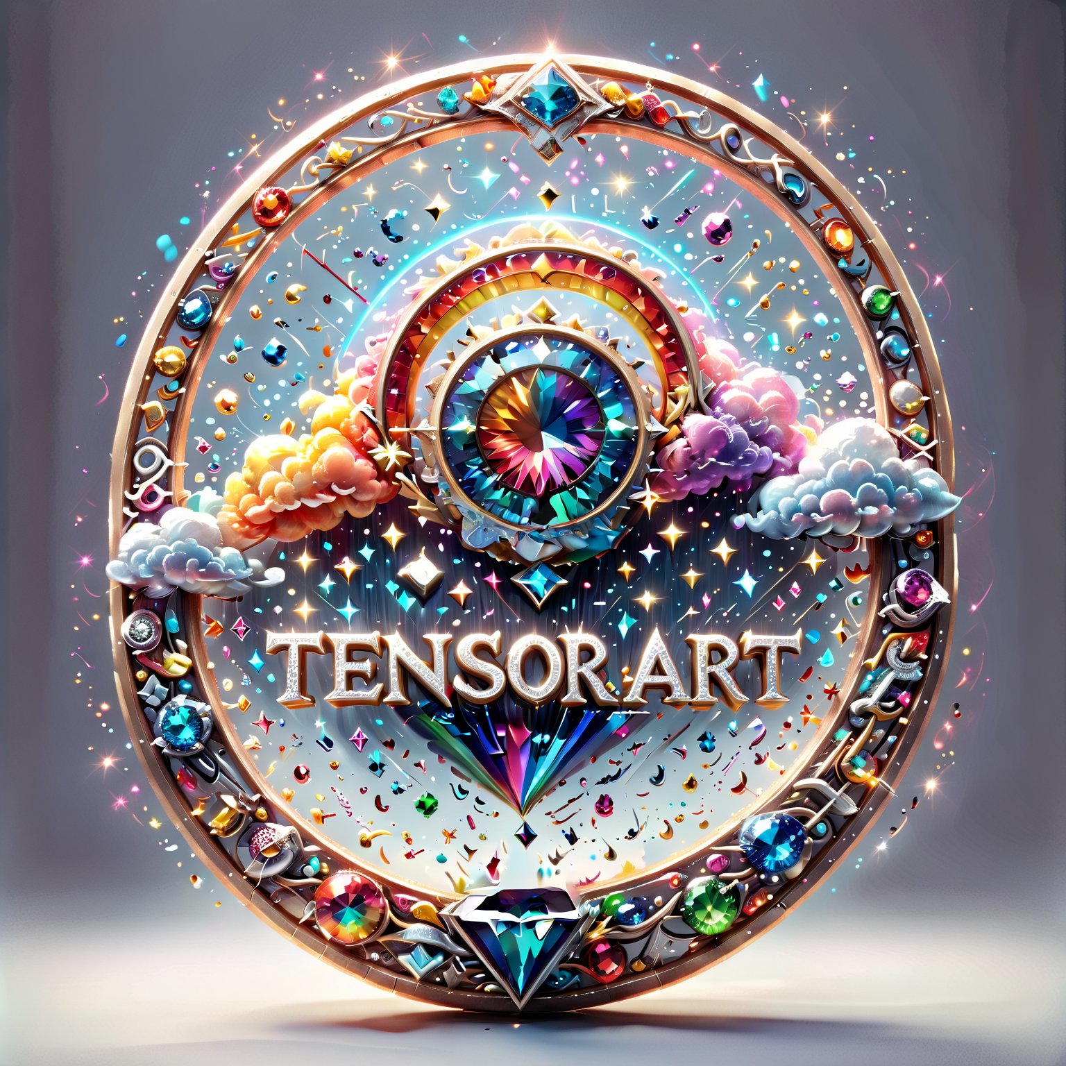 a ultra-detailed intricate round award, diamond and platinum outlines (((text in cursive with only the letters "TENSOR ART"))) rainbow, clouds, diamonds, gems, music notes, inspiration