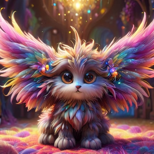 8k,3d,uhd(3D extremely detailed and realistic CG rendering),colorful fur,big bright illustrationed eyes,sparkling background,best illumination,extremely delicate and beautiful,playfulness and loyalty,fluffy,adorable companion,illuminating wings,wings on side of head, on all four legs,expressive eyes,unique personality,cute accessories,natural lighting