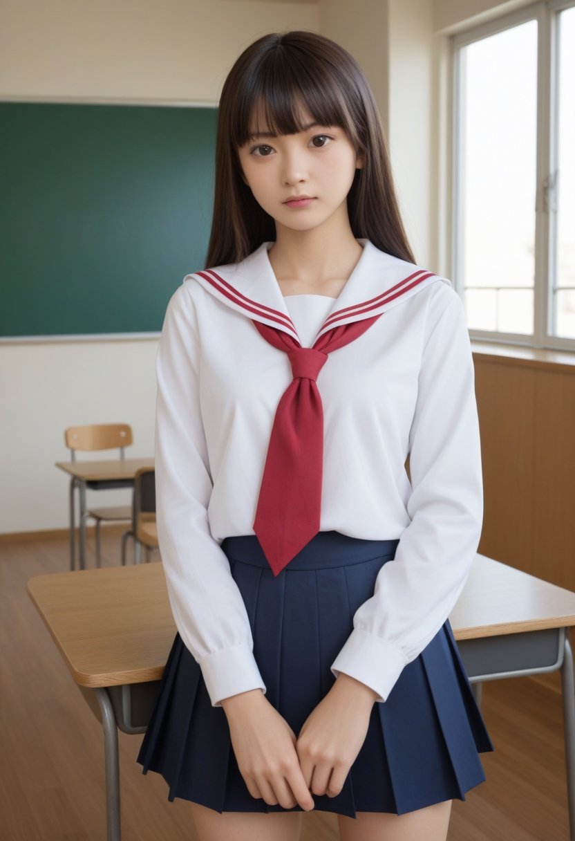 score_9, score_8_up, score_7_up, score_6_up, BREAK , source_real, raw, photo, realistic BREAK,
1girl, solo, long hair, looking at viewer, bangs, skirt, shirt, black hair, long sleeves, brown eyes, school uniform, standing, white shirt, cowboy shot, pleated skirt, serafuku, artist name, indoors, blunt bangs, sailor collar, neckerchief, window, chair, red neckerchief, desk, realistic, classroom