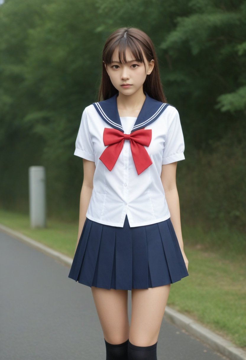 score_9, score_8_up, score_7_up, score_6_up, BREAK , source_real, raw, photo, realistic BREAK,
1girl, solo, long hair, skirt, brown hair, shirt, bow, school uniform, standing, white shirt, short sleeves, pleated skirt, outdoors, serafuku, day, socks, bowtie, black skirt, sailor collar, water, blurry, red bow, wet, kneehighs, black socks, red bowtie, wet clothes, head out of frame, wringing clothes