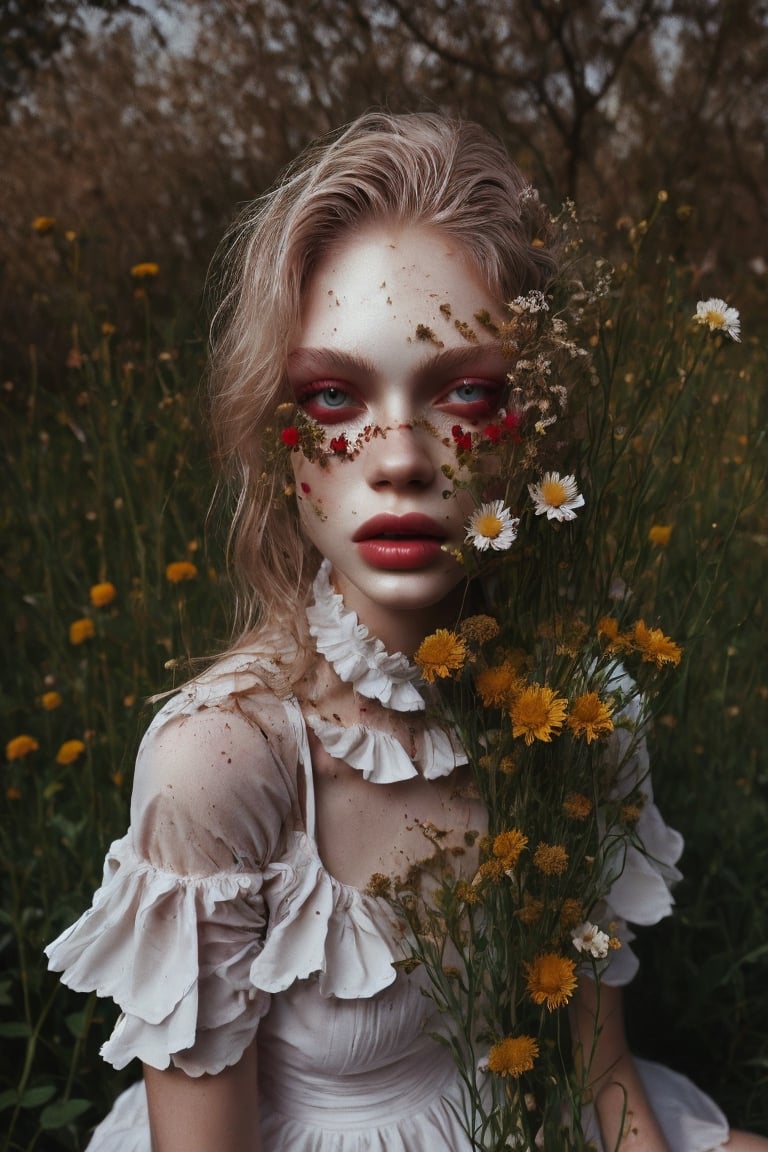 Fashion photography of beautiful albinos woman with red eyes sitting on the grass in the garden, white flowers on her face ,flowers,photorealistic