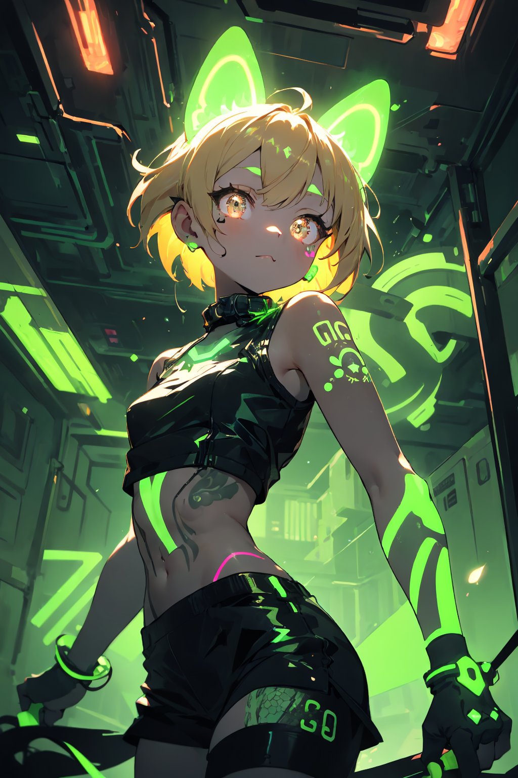 anthro,cute,kawaii,1girl,solo,dog ears,blonde hair,gradient brown eyes,her body adorned with (glowing neon green mosaic tattoo,on skin:1.3),high-contrast anime-style,(darkness room:1.3)