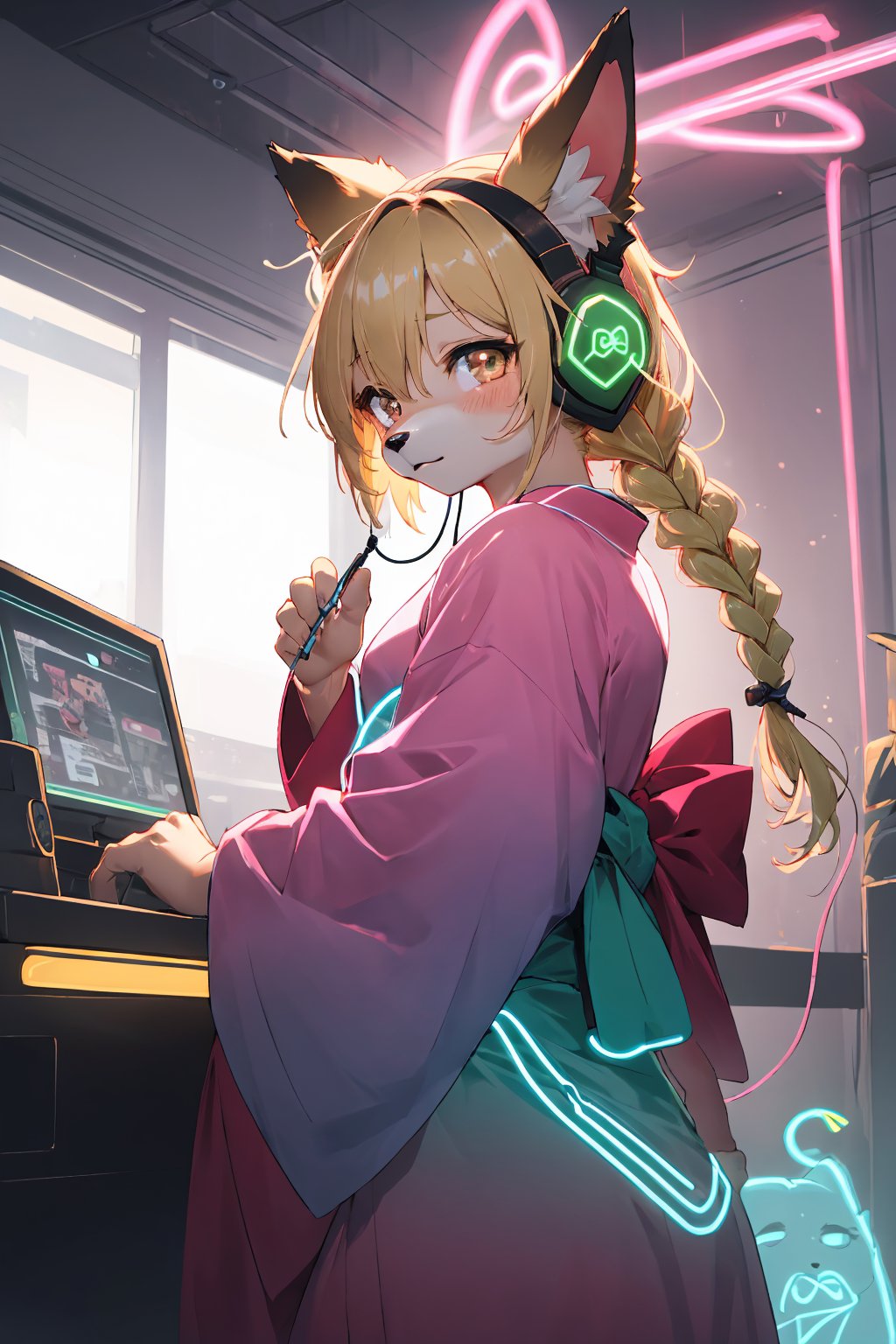 masterpiece,best quality,ultra detailed,highres,absurdres,illustratio,anthro,cute,kawaii,1girl,solo,dog ears,blonde hair,gradient brown eyes,(glowing neon green headphone:1.2),cool,stylish,french_braid,pink kimono dress,