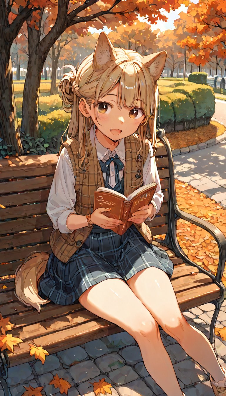 score_9, score_8up, score_7up, score_6up, score_5up,source_anime,cute,kawaii,1girl,solo,blonde hair,dog ears fluff,french braid,brown eyes,sweet,silk blouse,three-quarter length (tulle skirt:1.3),Argyle Plaid vest,autumn,road,park,graceful,sitting bench,reading book,looking at viewer,open mouth