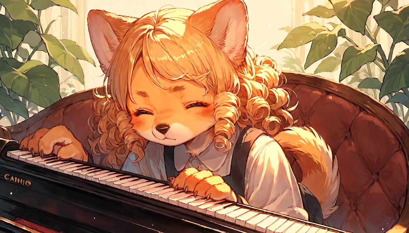 score_9, score_8up, score_7up, score_6up, score_5up,source_anime,cute,kawaii,1girl,solo,blonde hair,dog ears fluff,,brown eyes,closed eyes,(furry:1.3),(Serious:0.7),curly hair,(pianist:1.3)