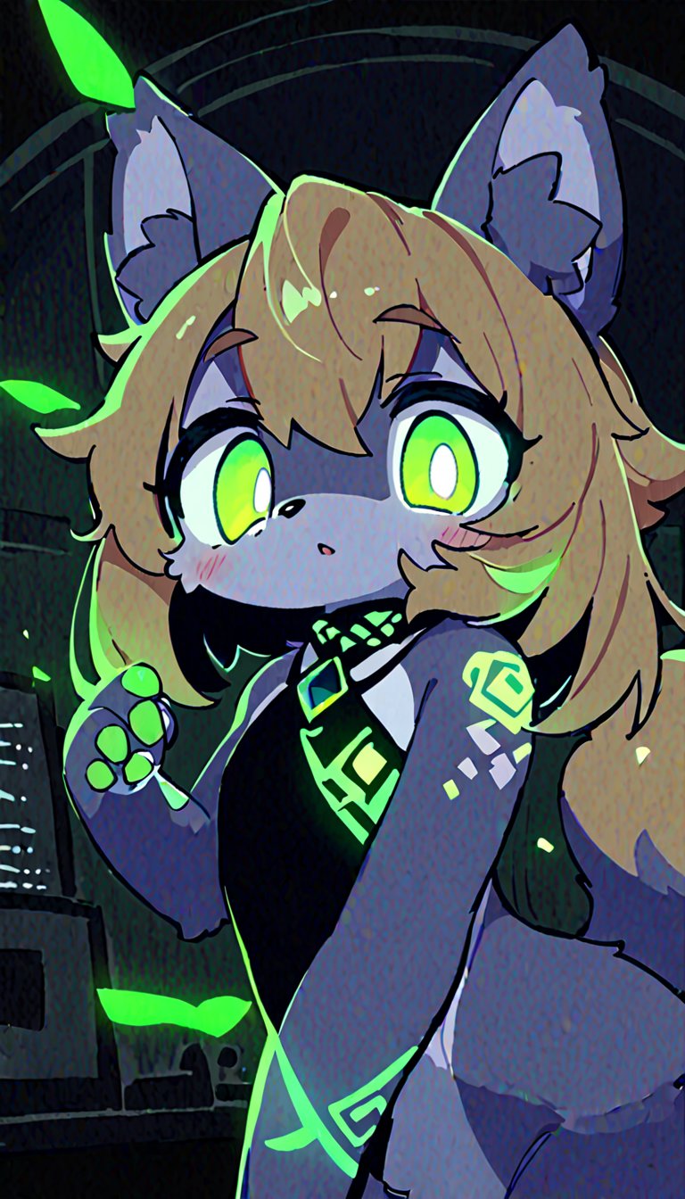 (furry:1.3),anthro,cute,kawaii,1girl,solo,dog ears,blonde hair,gradient brown eyes,indoors,(dark room:1.4),her body adorned with (glowing neon green zentangle heresy tattoos:1.4),(upper face:1.3),high-contrast anime-style,