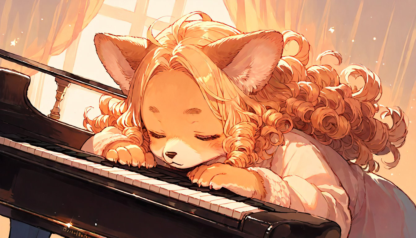 score_9, score_8up, score_7up, score_6up, score_5up,source_anime,cute,kawaii,1girl,solo,blonde hair,dog ears fluff,,brown eyes,(playing piano:1.3),closed eyes,(furry:1.3),(Serious:0.7),curly hair,(pianist:1.3)