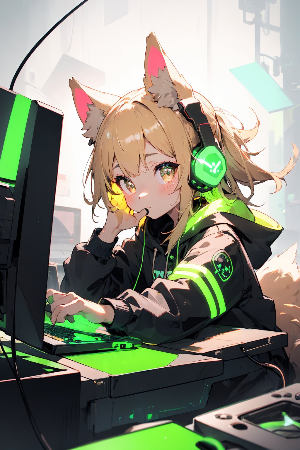 masterpiece,best quality,ultra detailed,highres,absurdres,illustratio,anthro,cute,kawaii,1girl,solo,dog ears,blonde hair,gradient brown eyes,(glowing neon green gaming headphone:1.2),cool,stylish,pop art,