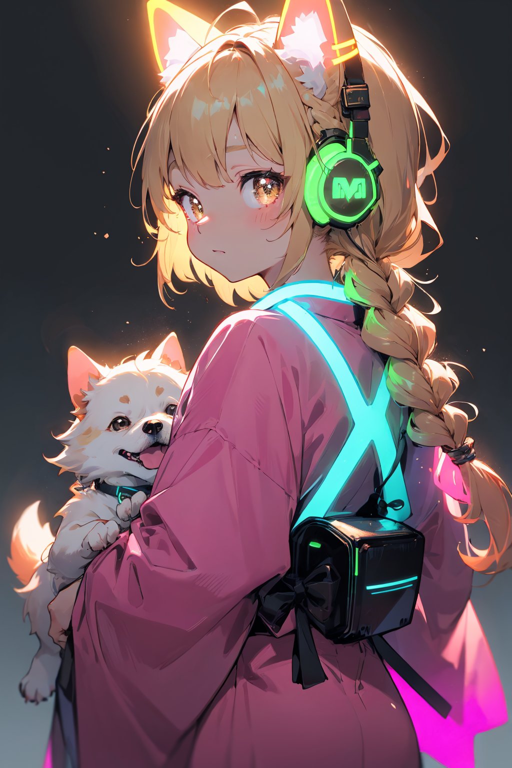 masterpiece,best quality,ultra detailed,highres,absurdres,illustratio,anthro,cute,kawaii,1girl,solo,dog ears,blonde hair,gradient brown eyes,(glowing neon green　headphone:1.2),cool,stylish,french_braid,pink kimono dress,kanzashi,