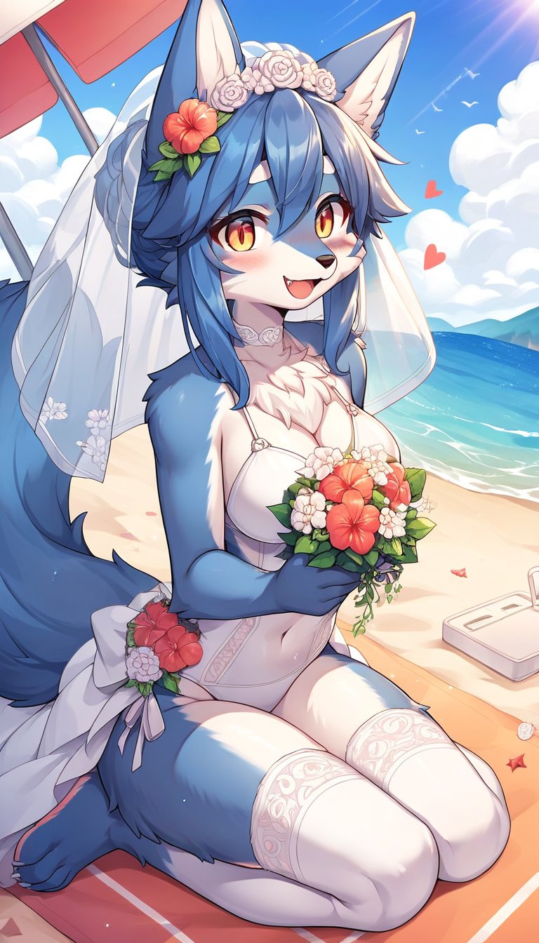 score_9_up, score_8_up, score_7_up,score_6_up,source_anime,source_furry,,best quality,masterpiece,illustration,1girl,solo,wolf girl,(fluffy body:1.5),wedding dress,swimsuit,happy,blush,beach,summer,(photography event:1.3),(furry:1.3)