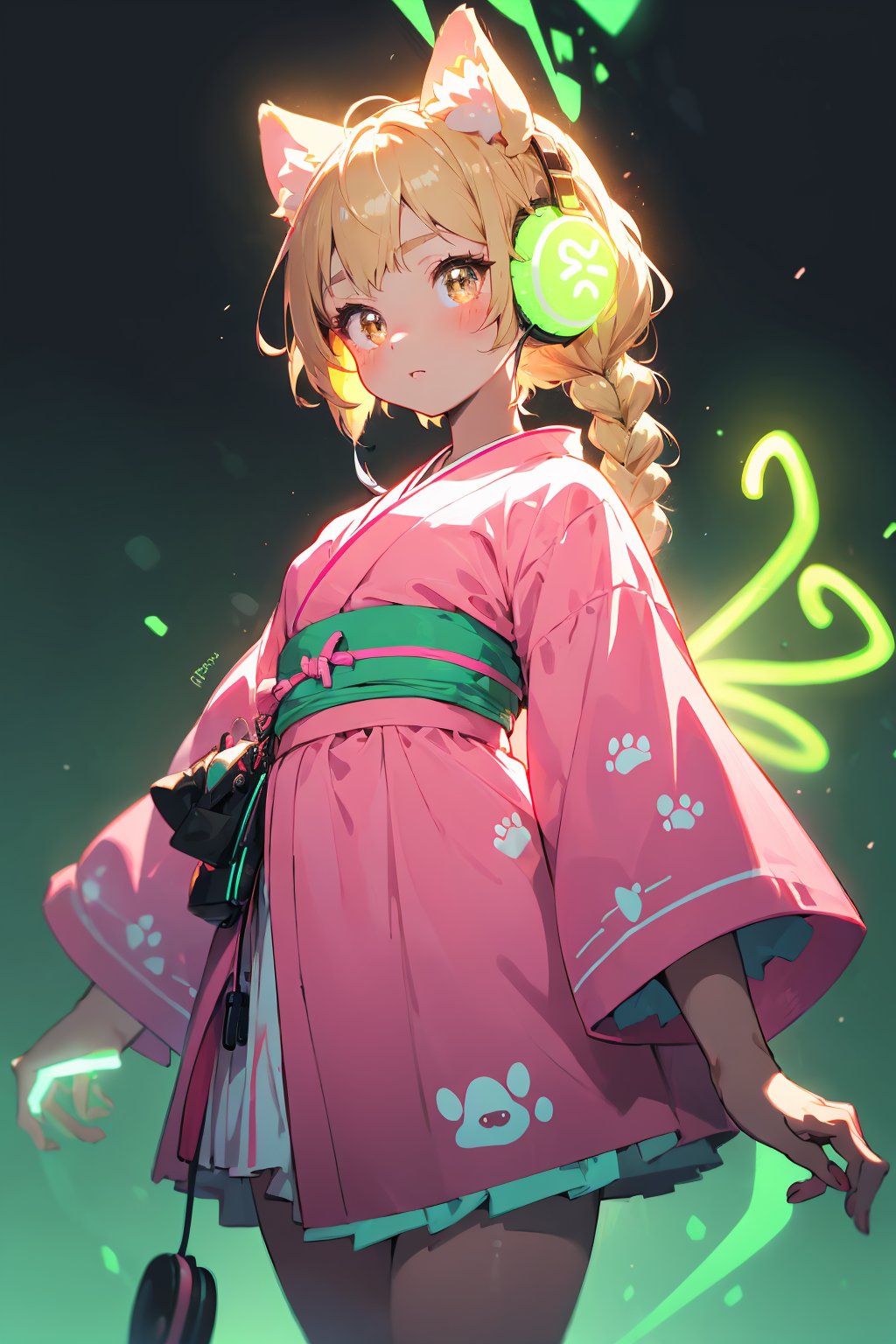 masterpiece,best quality,ultra detailed,highres,absurdres,illustratio,anthro,cute,kawaii,1girl,solo,dog ears,blonde hair,gradient brown eyes,(glowing neon green headphone:1.2),cool,stylish,french_braid,pink kimono dress,