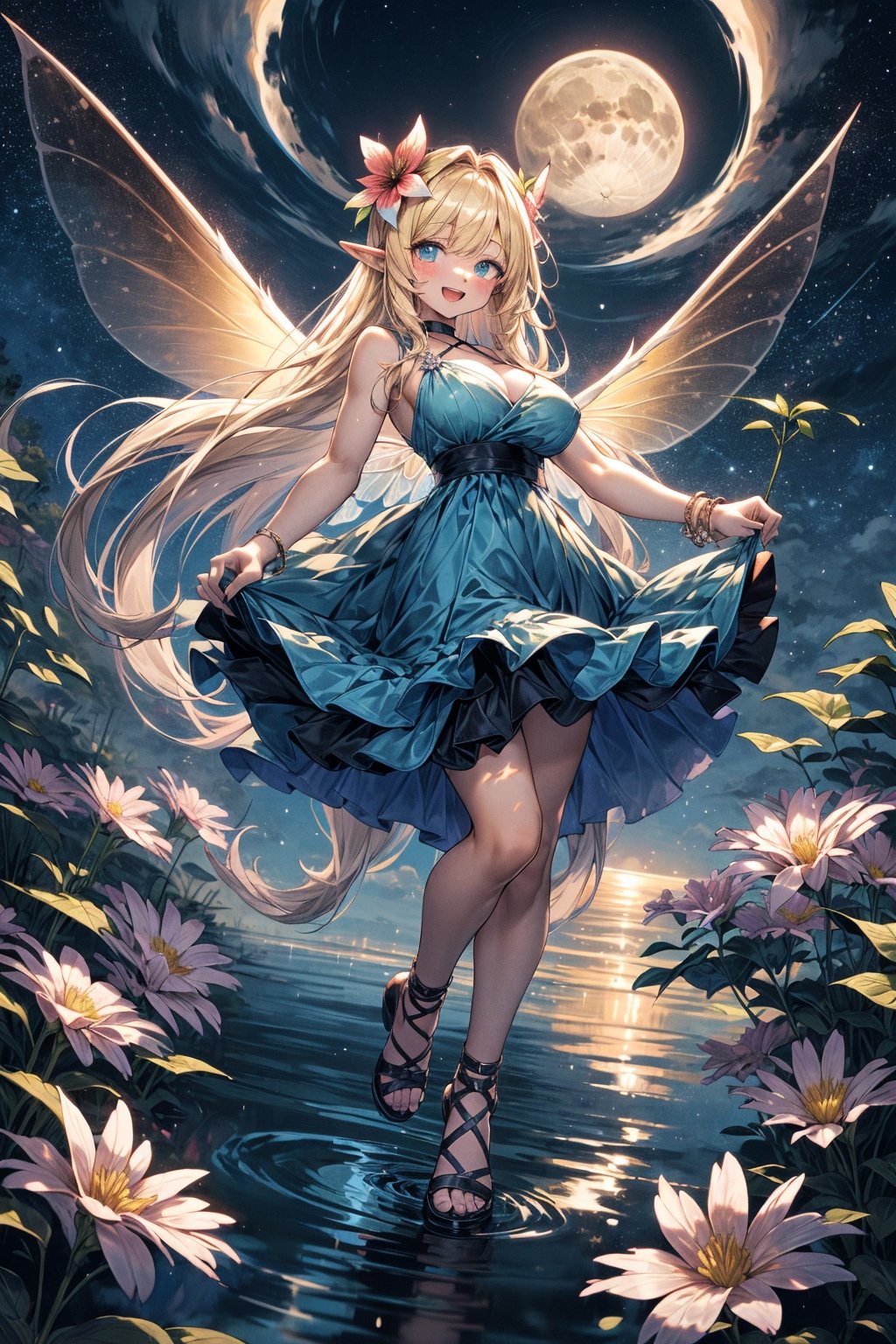 1girl, solo, long hair, breasts, looking at viewer, blush, smile, open mouth, bangs, blue eyes, blonde hair, large breasts, hair ornament, dress, cleavage, bare shoulders, very long hair, full body, flower, :d, thighs, outdoors, frills, wings, sky, shorts, sleeveless, choker, pointy ears, hair flower, water, black footwear, night, blue dress, leaf, moon, sandals, full moon, green dress, fairy wings, fairy