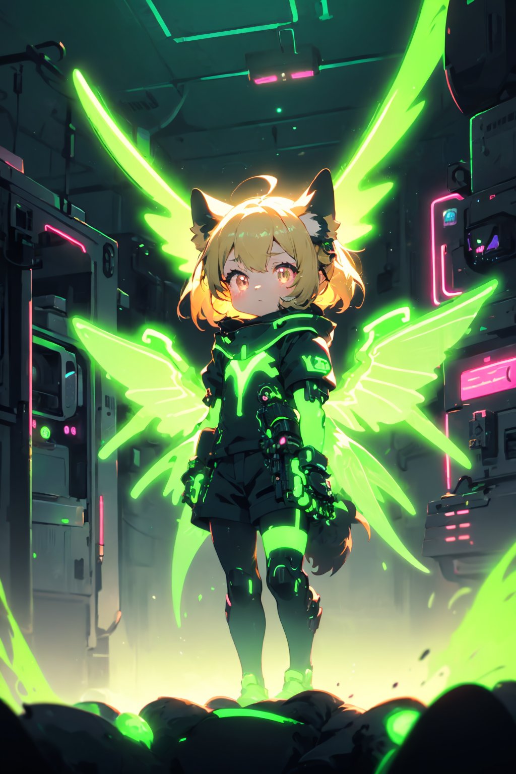 anthro,cute,kawaii,1girl,solo,dog ears,blonde hair,gradient brown eyes,(glowing neon green mechanical wings:1.3),high-contrast anime-style,(darkness room:1.3)