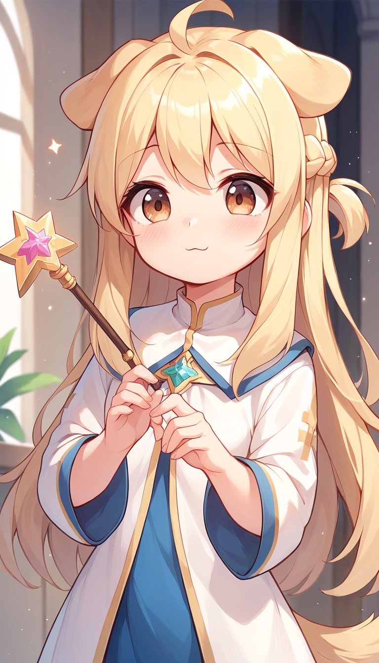 score_9_up, score_8_up, score_7_up,score_6_up,score_5_up,best quality,masterpiece,illustration,cute,kawaii,1girl,solo,dog ears,blonde hair,french braid,gradient brown eyes,healing magic,wand,priestess