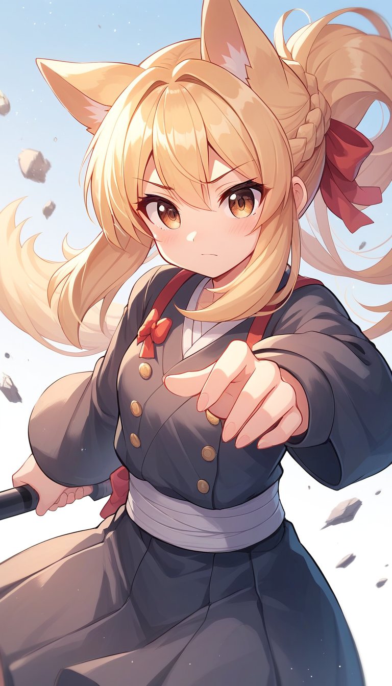 score_9_up, score_8_up, score_7_up,score_6_up,score_5_up,best quality,masterpiece,illustration,cute,kawaii,1girl,solo,dog ears,blonde hair,french braid,gradient brown eyes,japanese Armed,battle stance,battle filed,(>:):1.3),long bow,Archers' equipment