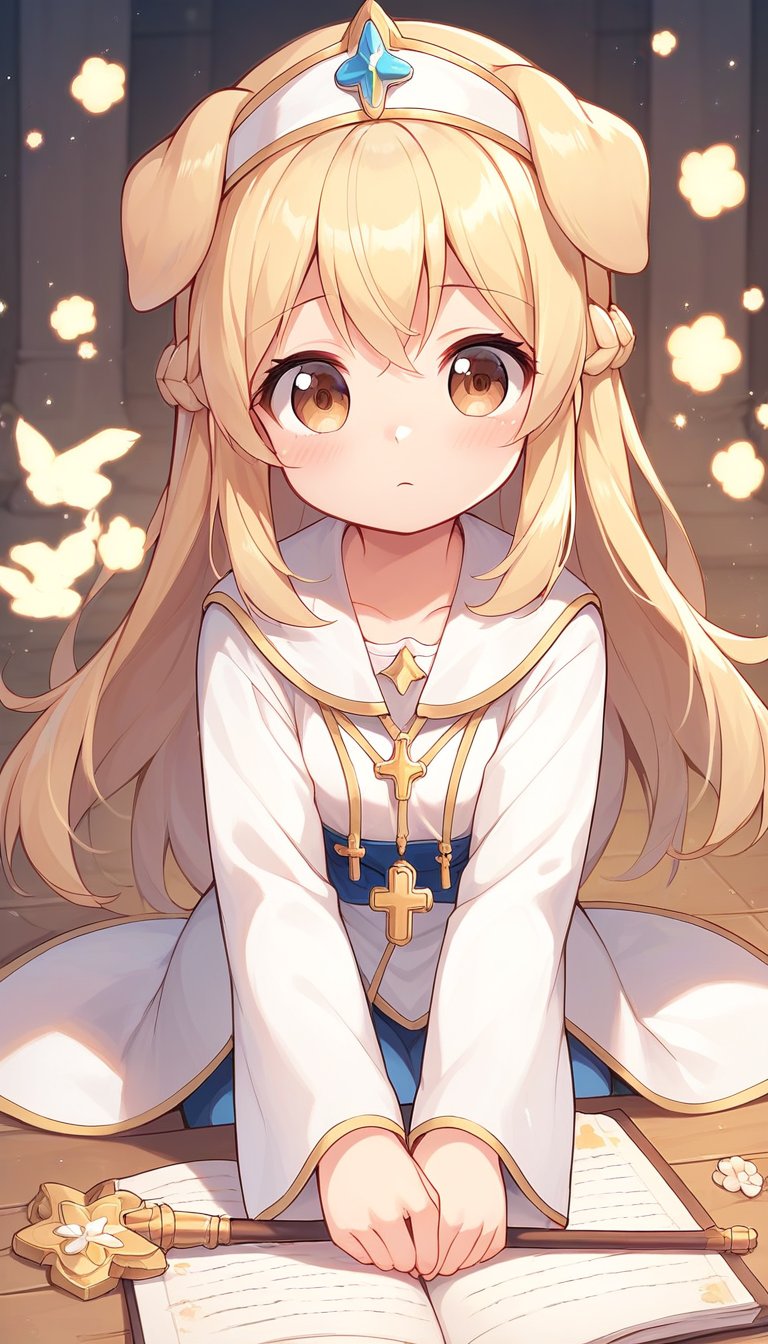 score_9_up, score_8_up, score_7_up,score_6_up,score_5_up,best quality,masterpiece,illustration,cute,kawaii,1girl,solo,dog ears,blonde hair,french braid,gradient brown eyes,healing,wand,priestess