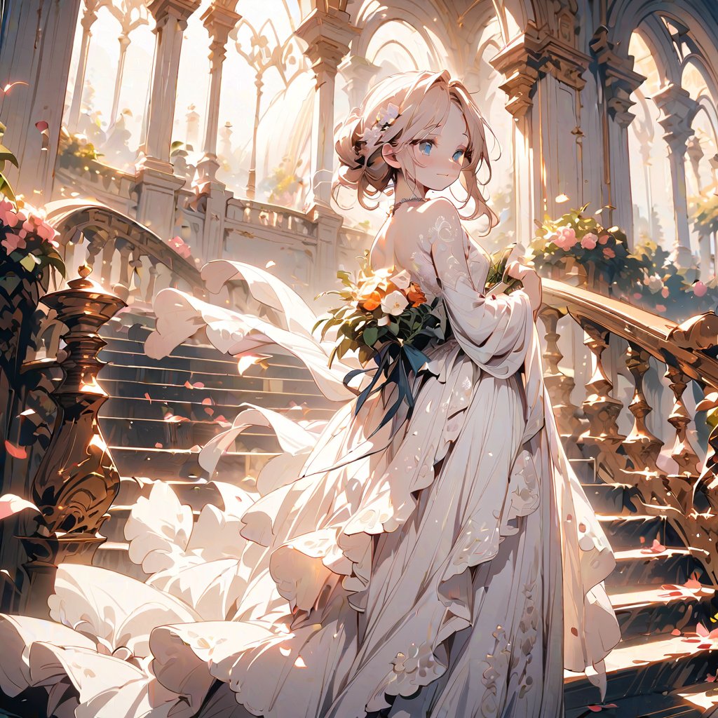 A woman stands at the top of the stairs, wearing a long-train white wedding dress adorned with lace and beads. Her hair is loosely styled in an updo with floral hair accessories. She holds a small bouquet in her hand and looks back with a gentle smile. The background features marble stairs, floral arches, and windows with evening light streaming in. Petals are scattered at her feet. An elegant carriage waits at the bottom of the stairs,furry girl,(long dress:1.5)